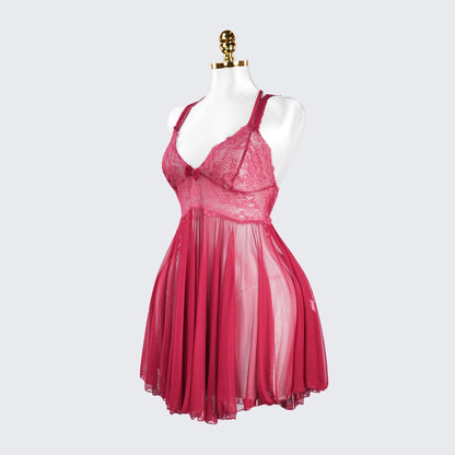 Sheer Fine Mesh Embroidered Babydoll Spaghetti Strap Lingerie
