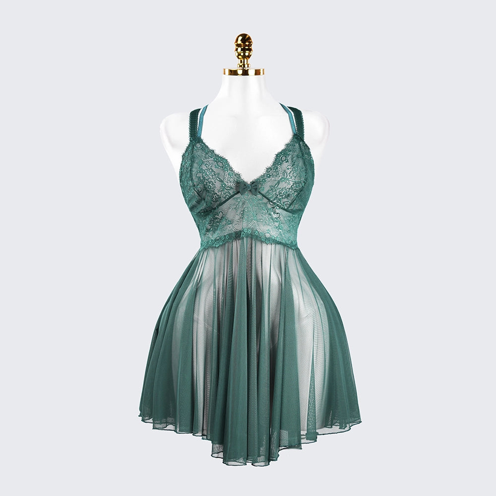 Sheer Fine Mesh Embroidered Babydoll Spaghetti Strap Lingerie