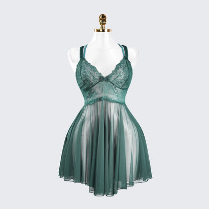 Sheer Fine Mesh Embroidered Babydoll Spaghetti Strap Lingerie