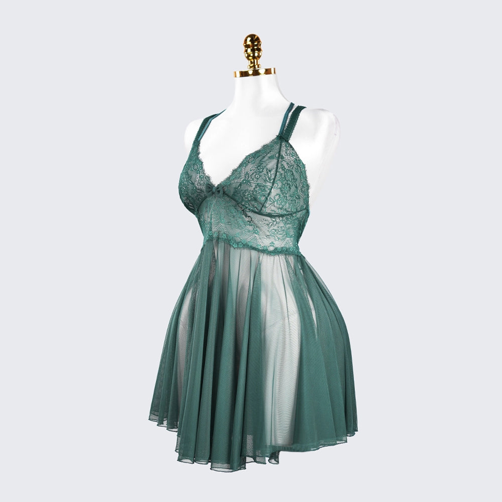 Sheer Fine Mesh Embroidered Babydoll Spaghetti Strap Lingerie