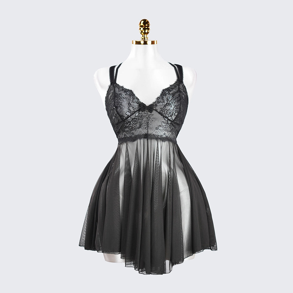 Sheer Fine Mesh Embroidered Babydoll Spaghetti Strap Lingerie