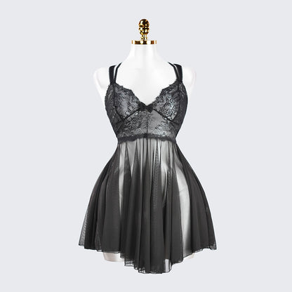 Sheer Fine Mesh Embroidered Babydoll Spaghetti Strap Lingerie