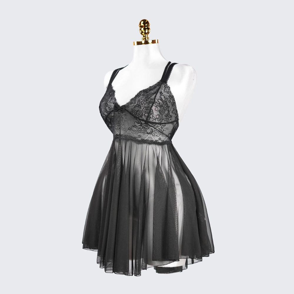 Sheer Fine Mesh Embroidered Babydoll Spaghetti Strap Lingerie