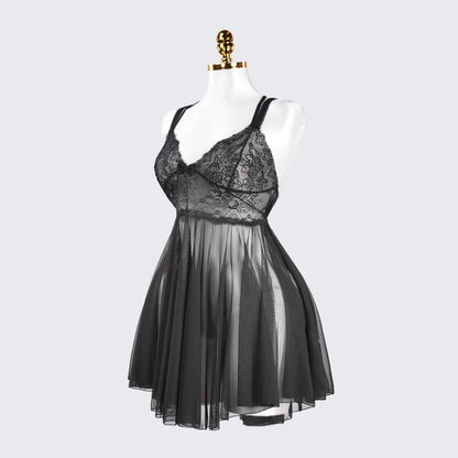 Sheer Fine Mesh Embroidered Babydoll Spaghetti Strap Lingerie