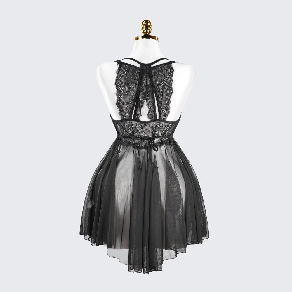 Sheer Fine Mesh Embroidered Babydoll Spaghetti Strap Lingerie
