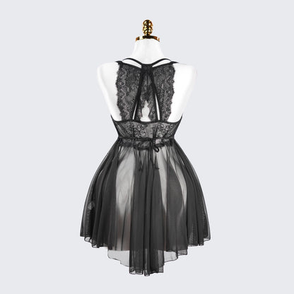 Sheer Fine Mesh Embroidered Babydoll Spaghetti Strap Lingerie
