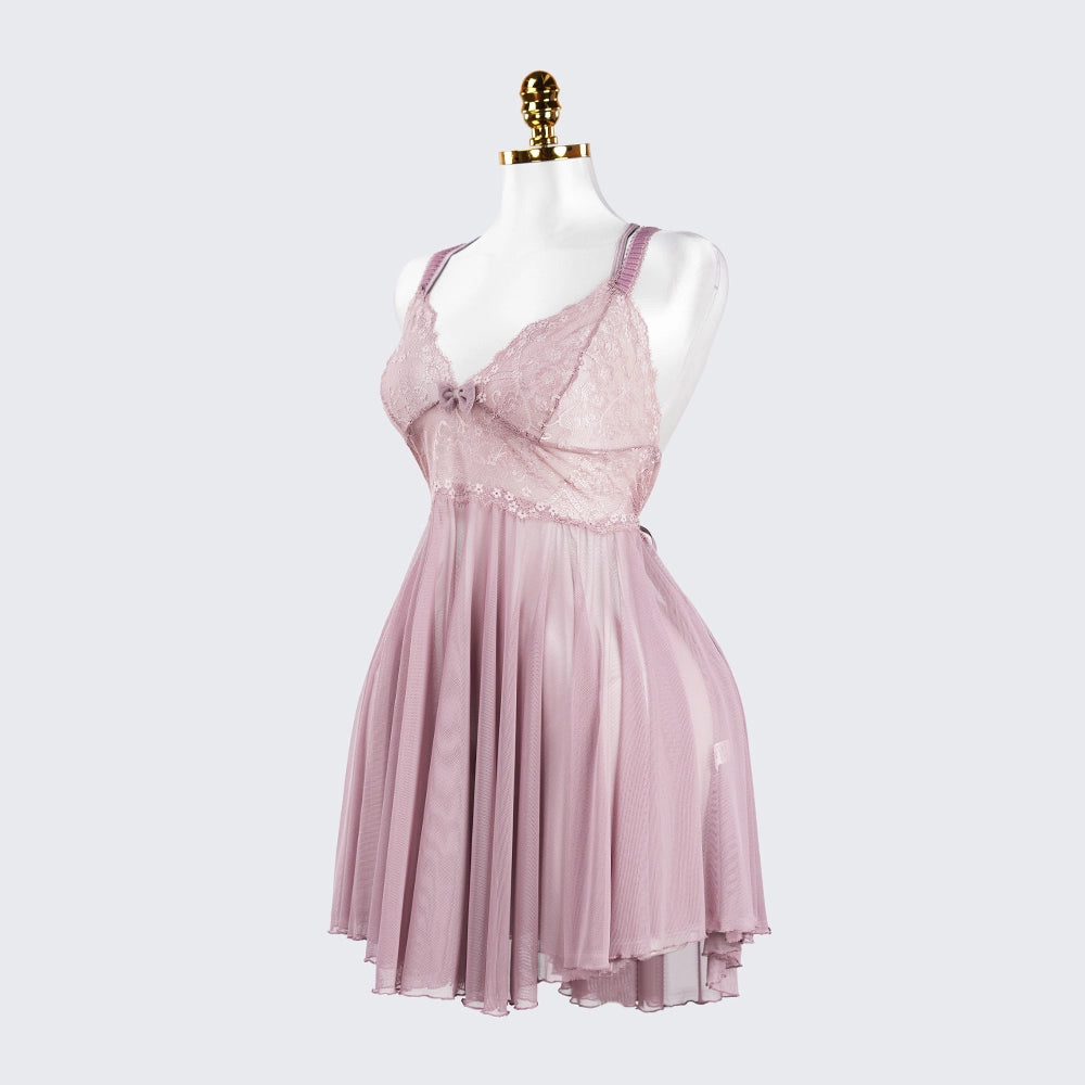 Sheer Fine Mesh Embroidered Babydoll Spaghetti Strap Lingerie
