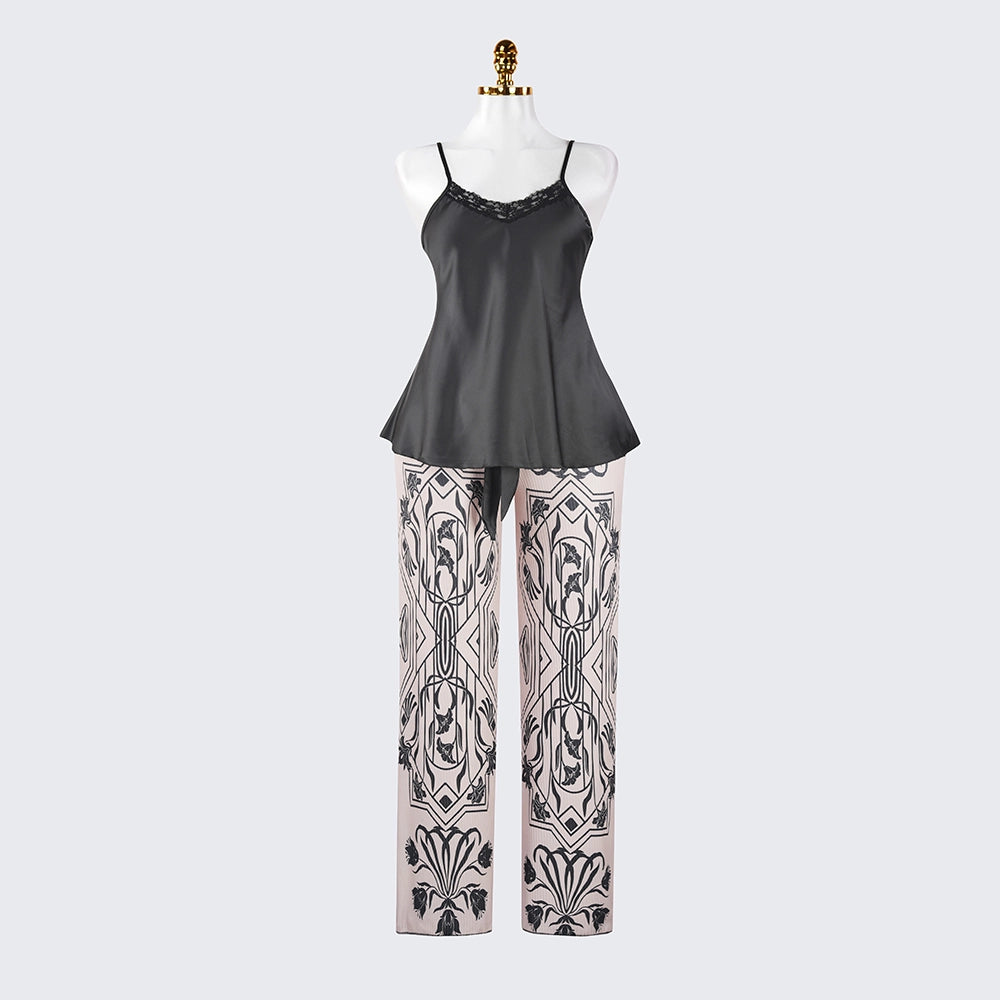 Silk Spaghetti Strap Lace Trim Camisole Pants Sleepwear Set