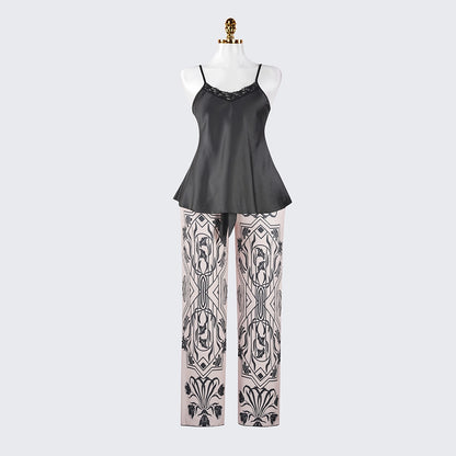 Silk Spaghetti Strap Lace Trim Camisole Pants Sleepwear Set