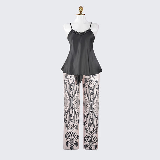 Silk Spaghetti Strap Lace Trim Camisole Pants Sleepwear Set