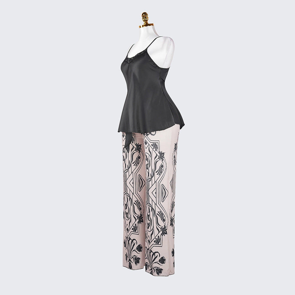 Silk Spaghetti Strap Lace Trim Camisole Pants Sleepwear Set