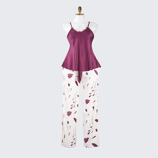 Silk Lace Trim Cutout Camisole Pants Sleepwear Set