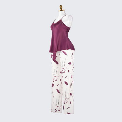 Silk Lace Trim Cutout Camisole Pants Sleepwear Set