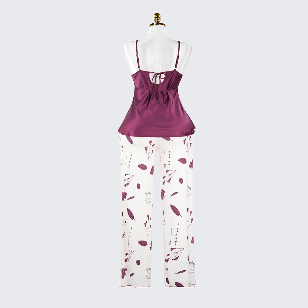 Silk Lace Trim Cutout Camisole Pants Sleepwear Set