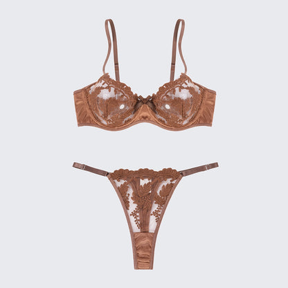 Sexy Mesh Embroidered See-Through Bra Thong Lingerie Set