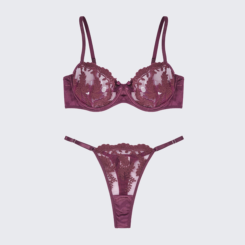 Sexy Mesh Embroidered See-Through Bra Thong Lingerie Set