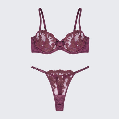 Sexy Mesh Embroidered See-Through Bra Thong Lingerie Set