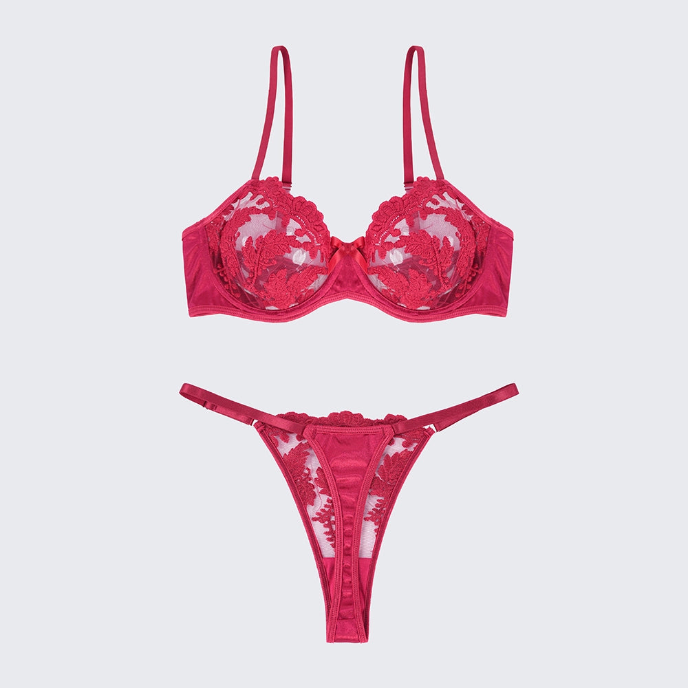 Sexy Mesh Embroidered See-Through Bra Thong Lingerie Set