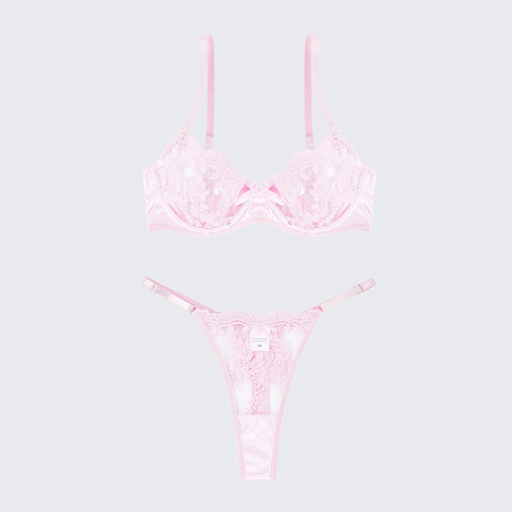Sexy Mesh Embroidered See-Through Bra Thong Lingerie Set