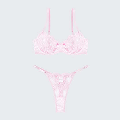 Sexy Mesh Embroidered See-Through Bra Thong Lingerie Set