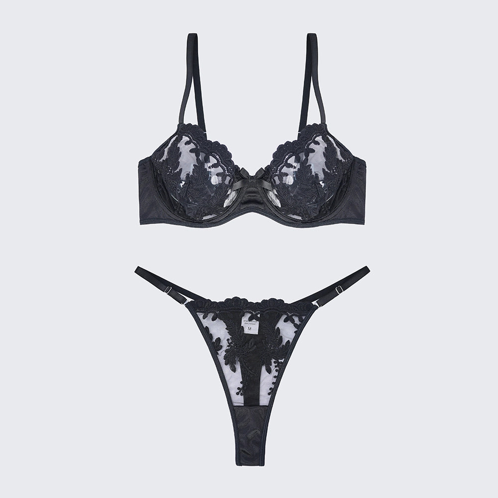 Sexy Mesh Embroidered See-Through Bra Thong Lingerie Set