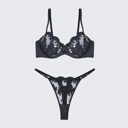 Sexy Mesh Embroidered See-Through Bra Thong Lingerie Set