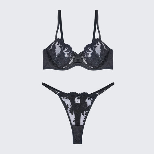 Sexy Mesh Embroidered See-Through Bra Thong Lingerie Set