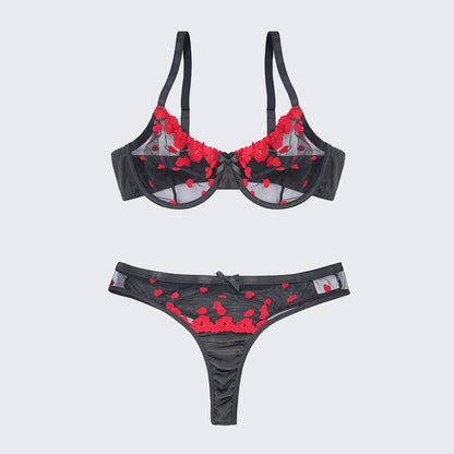Sexy Heart Print Lace Cutout Three-Piece Lingerie Set