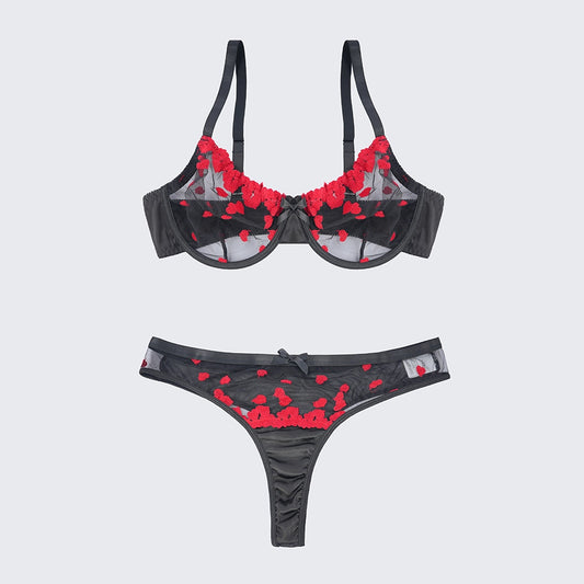 Sexy Heart Print Lace Cutout Three-Piece Lingerie Set
