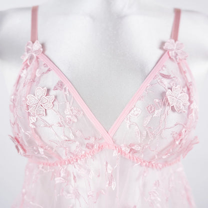 Embroidered Mesh Lace Deep V Lingerie Set