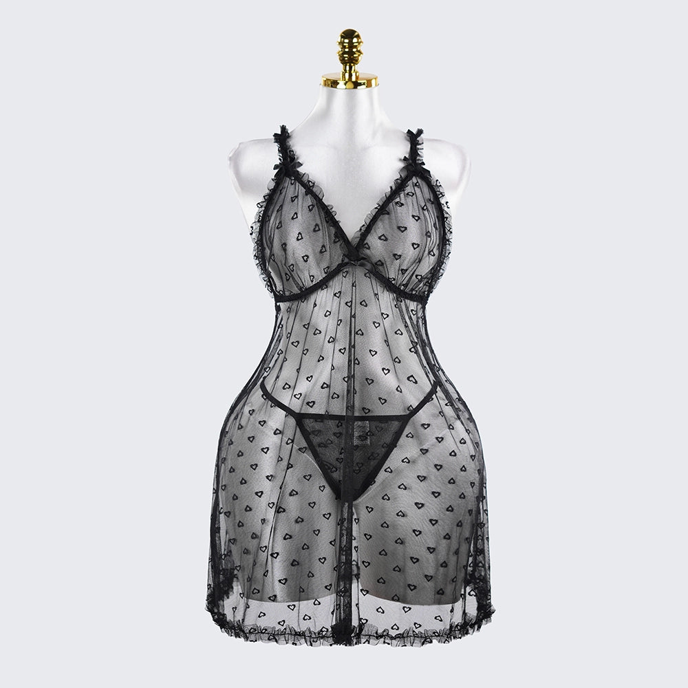 Plus Size Heart Pattern Mesh Lace Lingerie Set