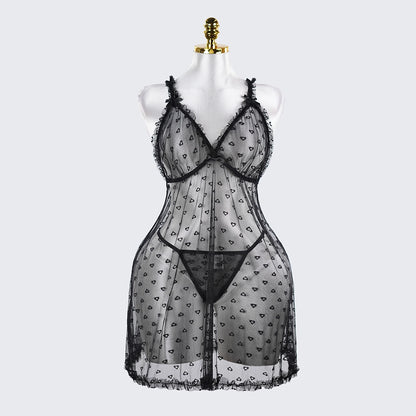 Plus Size Heart Pattern Mesh Lace Lingerie Set