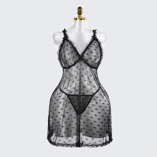 Plus Size Heart Pattern Mesh Lace Lingerie Set