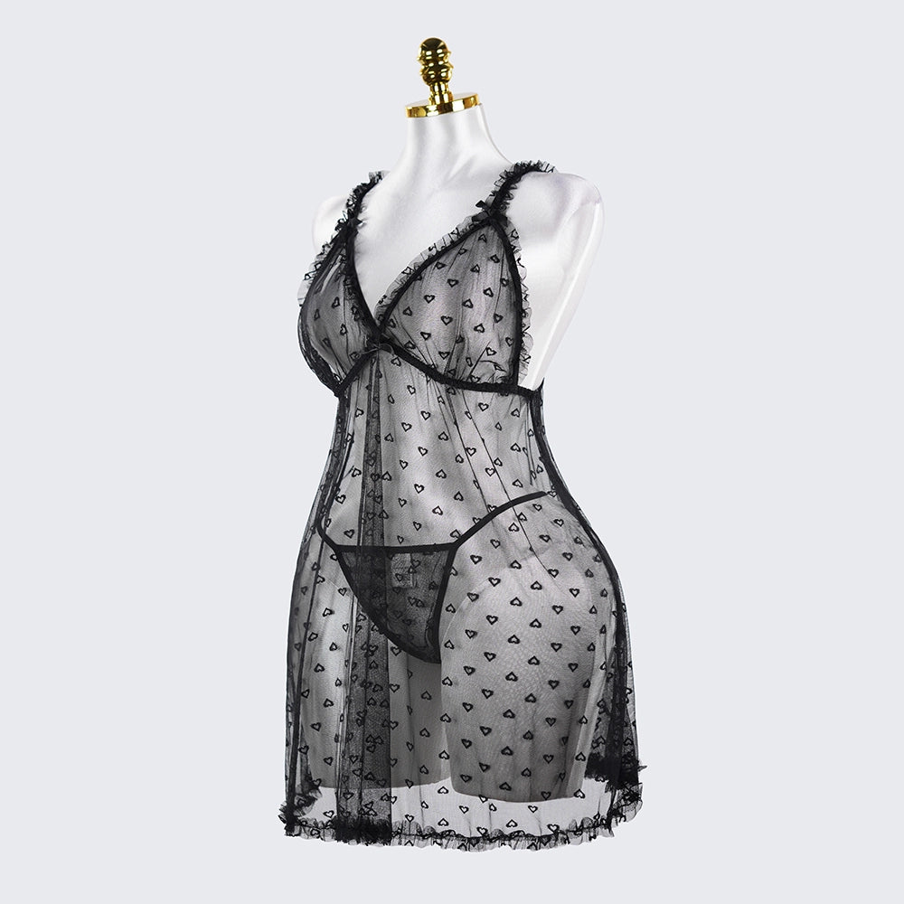 Plus Size Heart Pattern Mesh Lace Lingerie Set