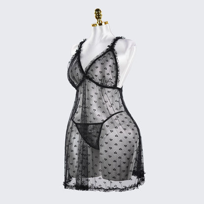 Plus Size Heart Pattern Mesh Lace Lingerie Set