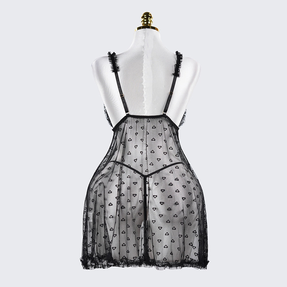Plus Size Heart Pattern Mesh Lace Lingerie Set