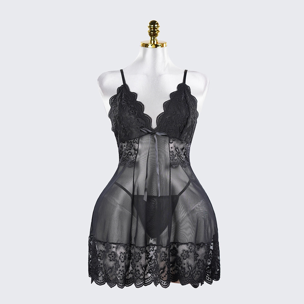 Plus Size Sheer Lace Nightgown Set Open Back Short Dress