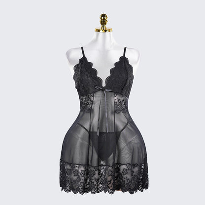 Plus Size Sheer Lace Nightgown Set Open Back Short Dress