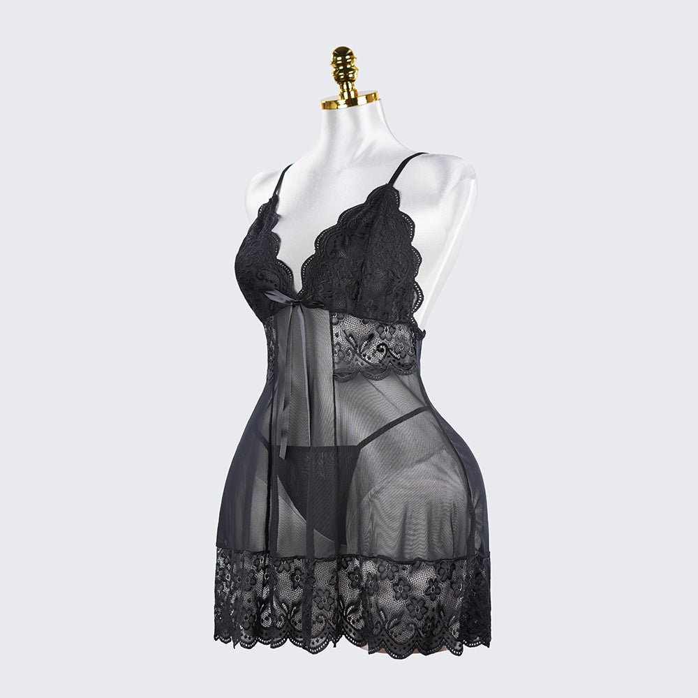 Plus Size Sheer Lace Nightgown Set Open Back Short Dress