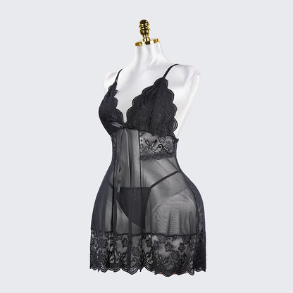 Plus Size Sheer Lace Nightgown Set Open Back Short Dress
