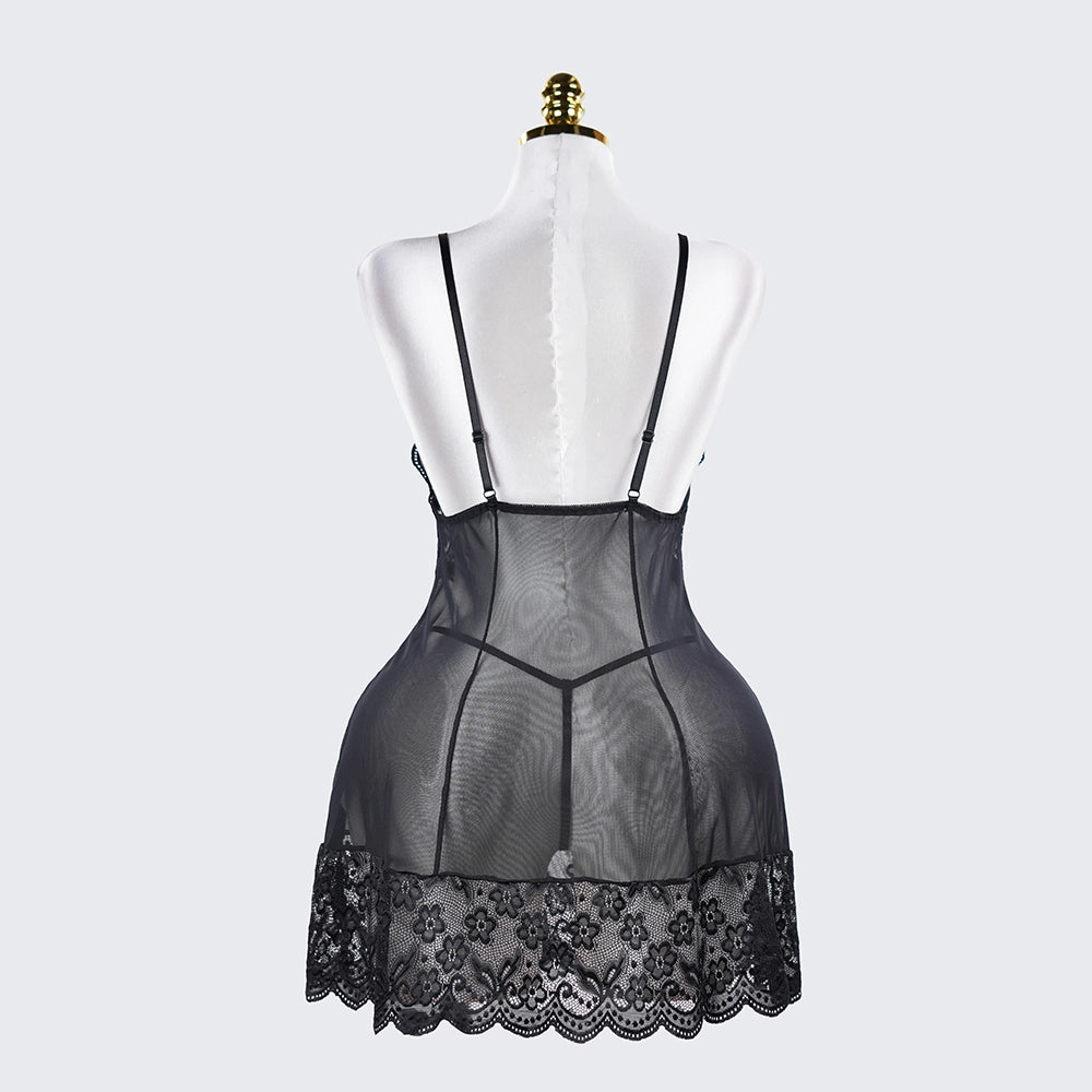 Plus Size Sheer Lace Nightgown Set Open Back Short Dress