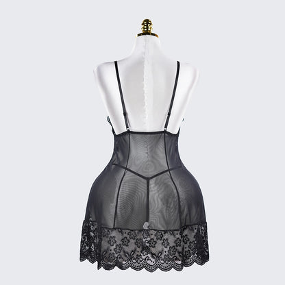 Plus Size Sheer Lace Nightgown Set Open Back Short Dress