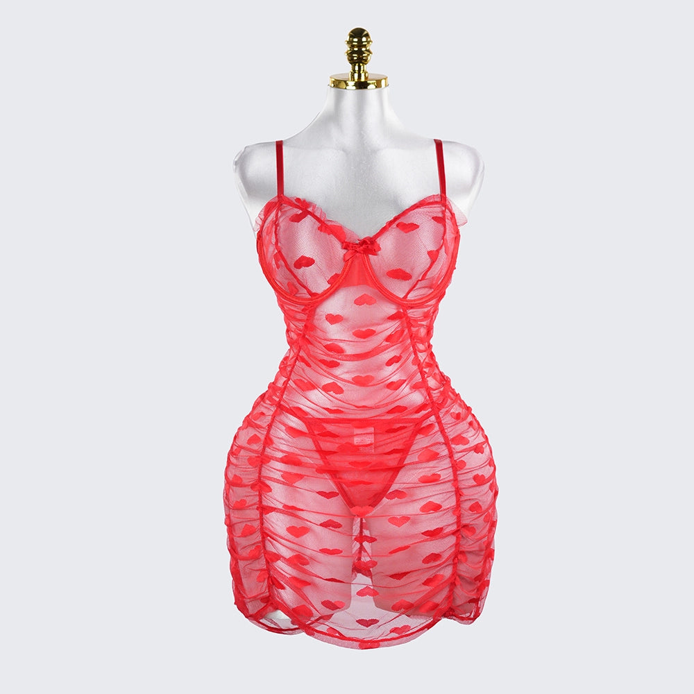 Plus Size See-Through Mesh Heart Lace Dress Lingerie Set