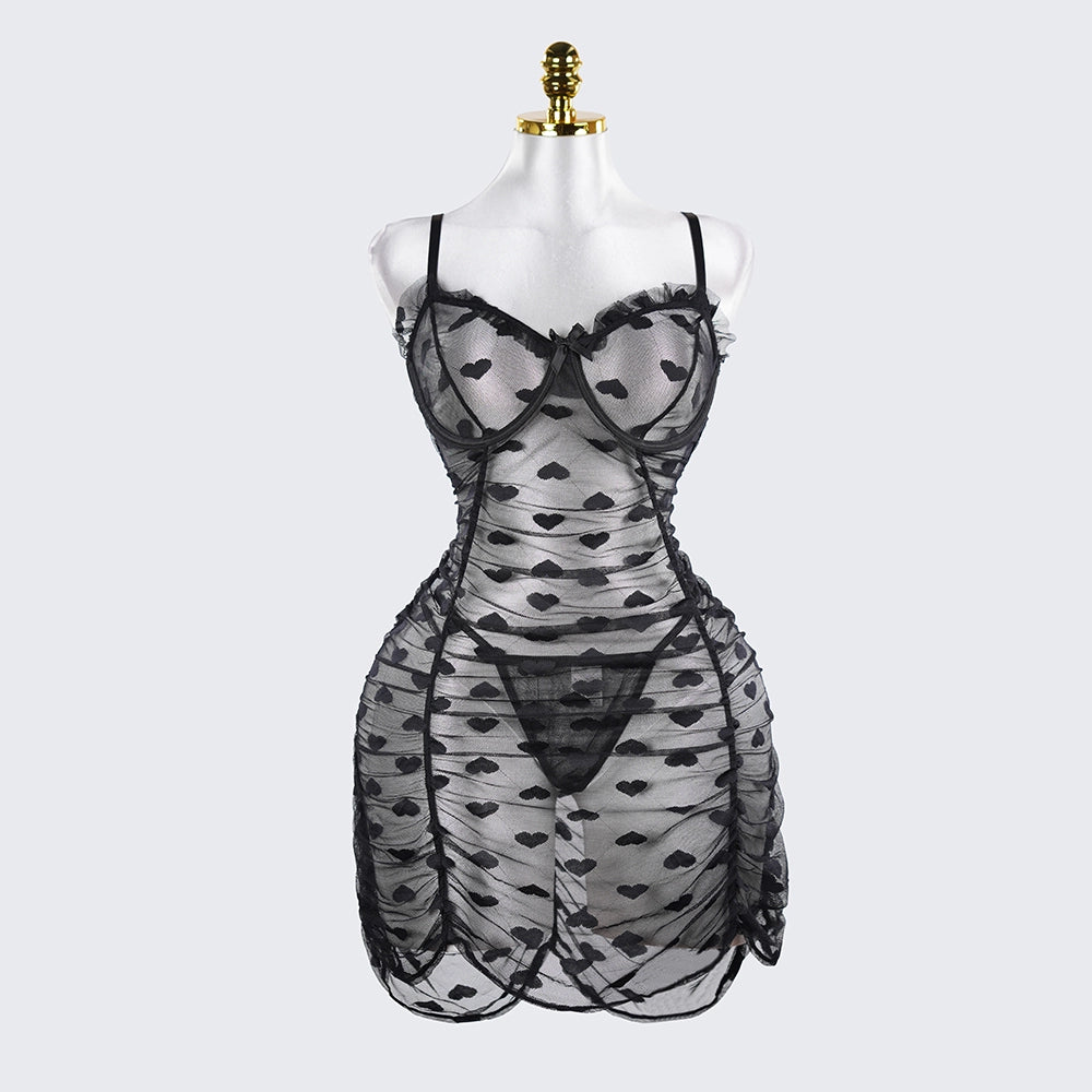 Plus Size See-Through Mesh Heart Lace Dress Lingerie Set