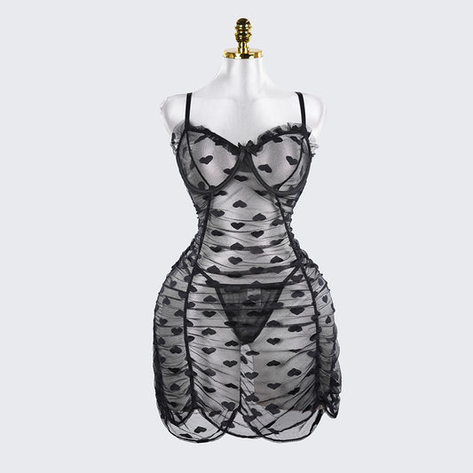 Plus Size See-Through Mesh Heart Lace Dress Lingerie Set