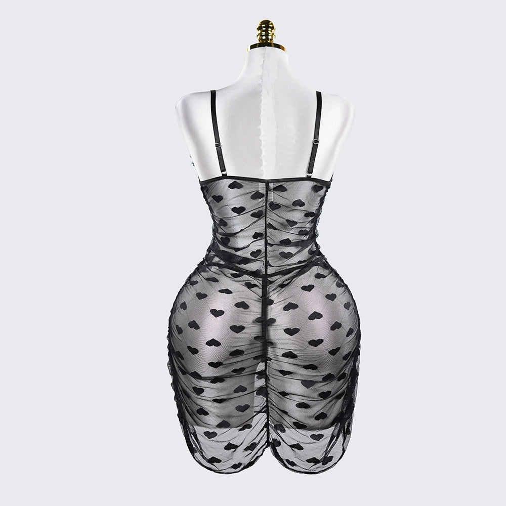 Plus Size See-Through Mesh Heart Lace Dress Lingerie Set