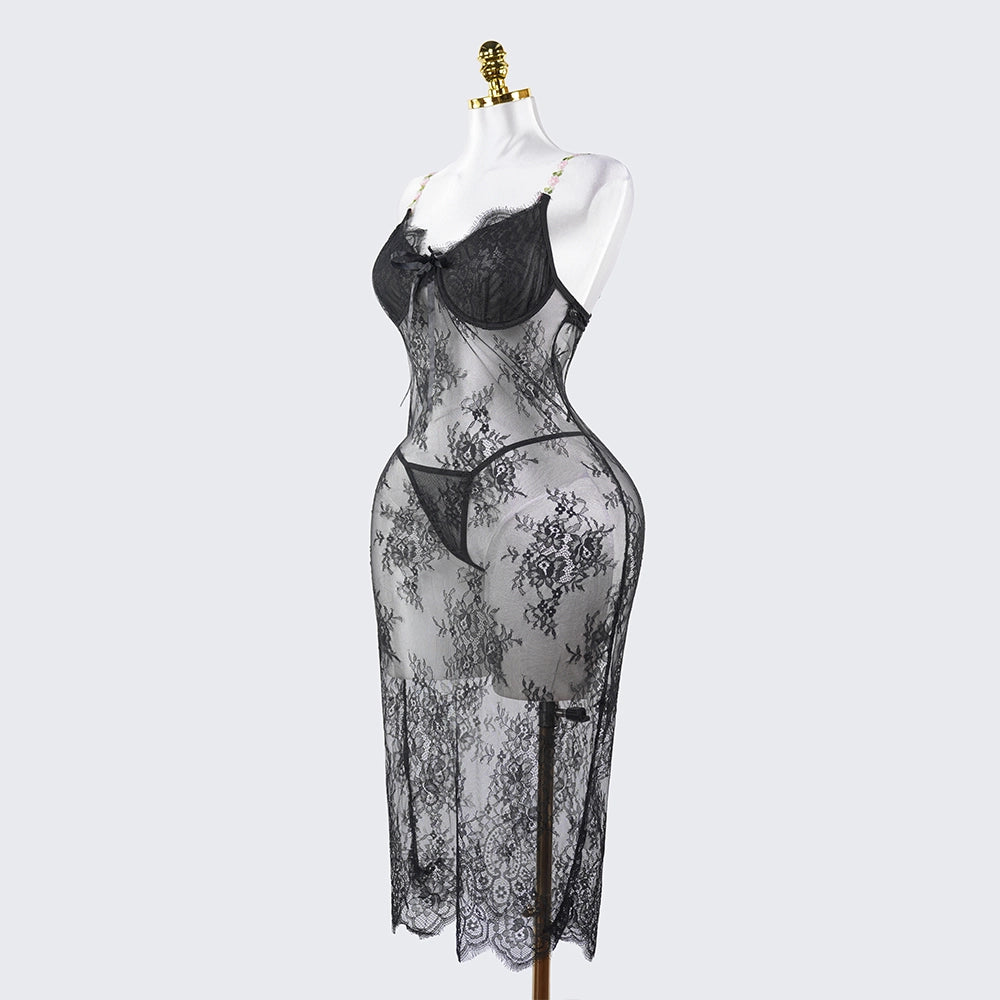 Lace Embroidery See-Through Bridal Lingerie Dress