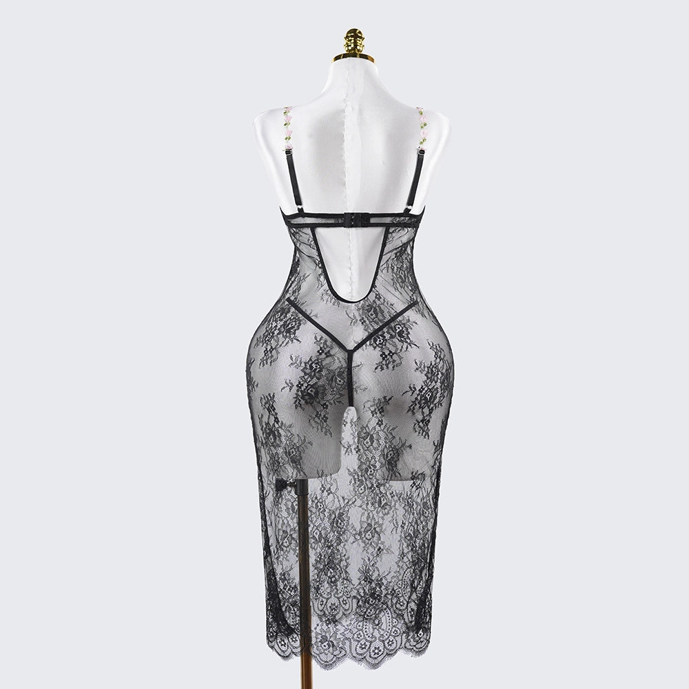 Lace Embroidery See-Through Bridal Lingerie Dress