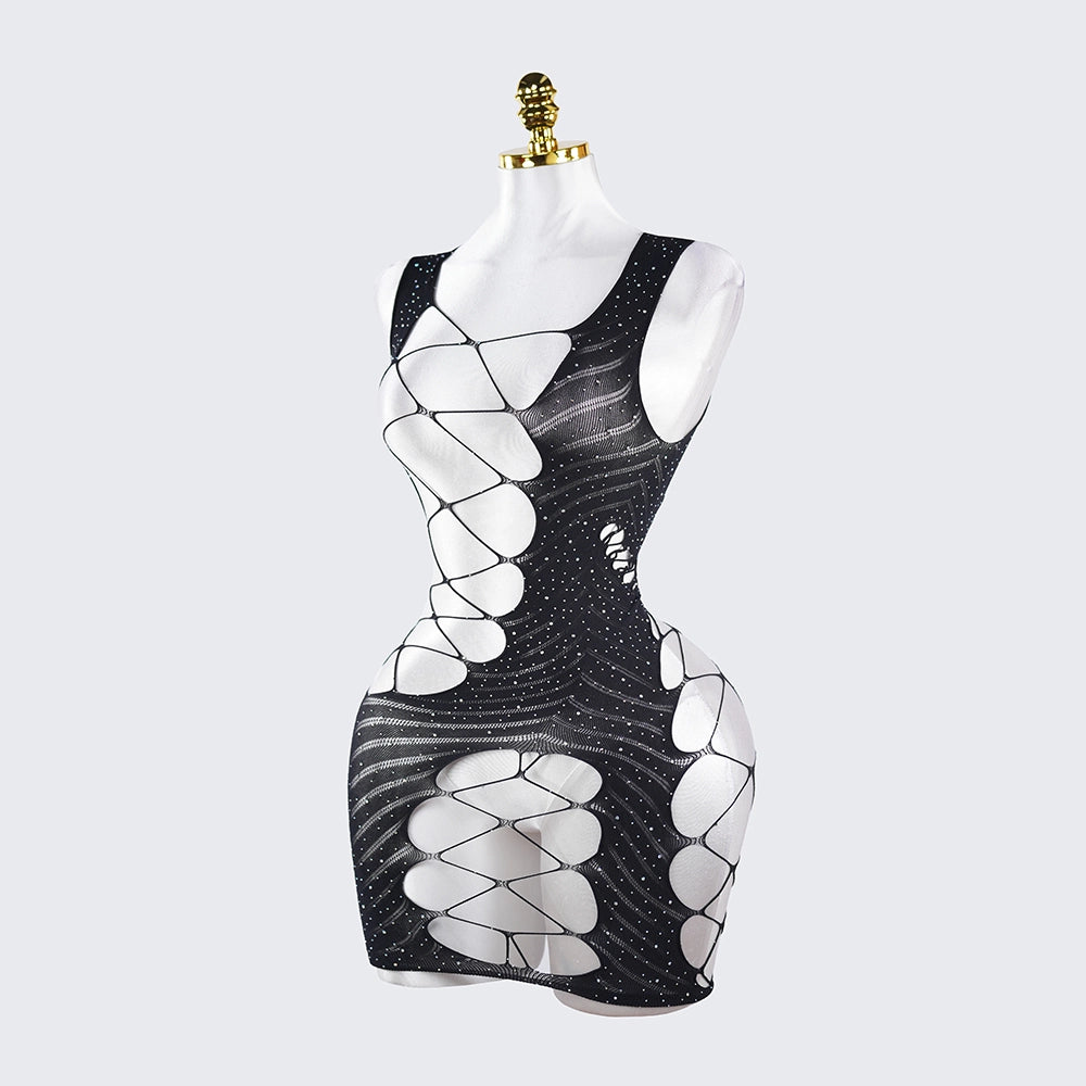 Fishnet Cutout Rhinestone Spaghetti Strap Backless Chemise