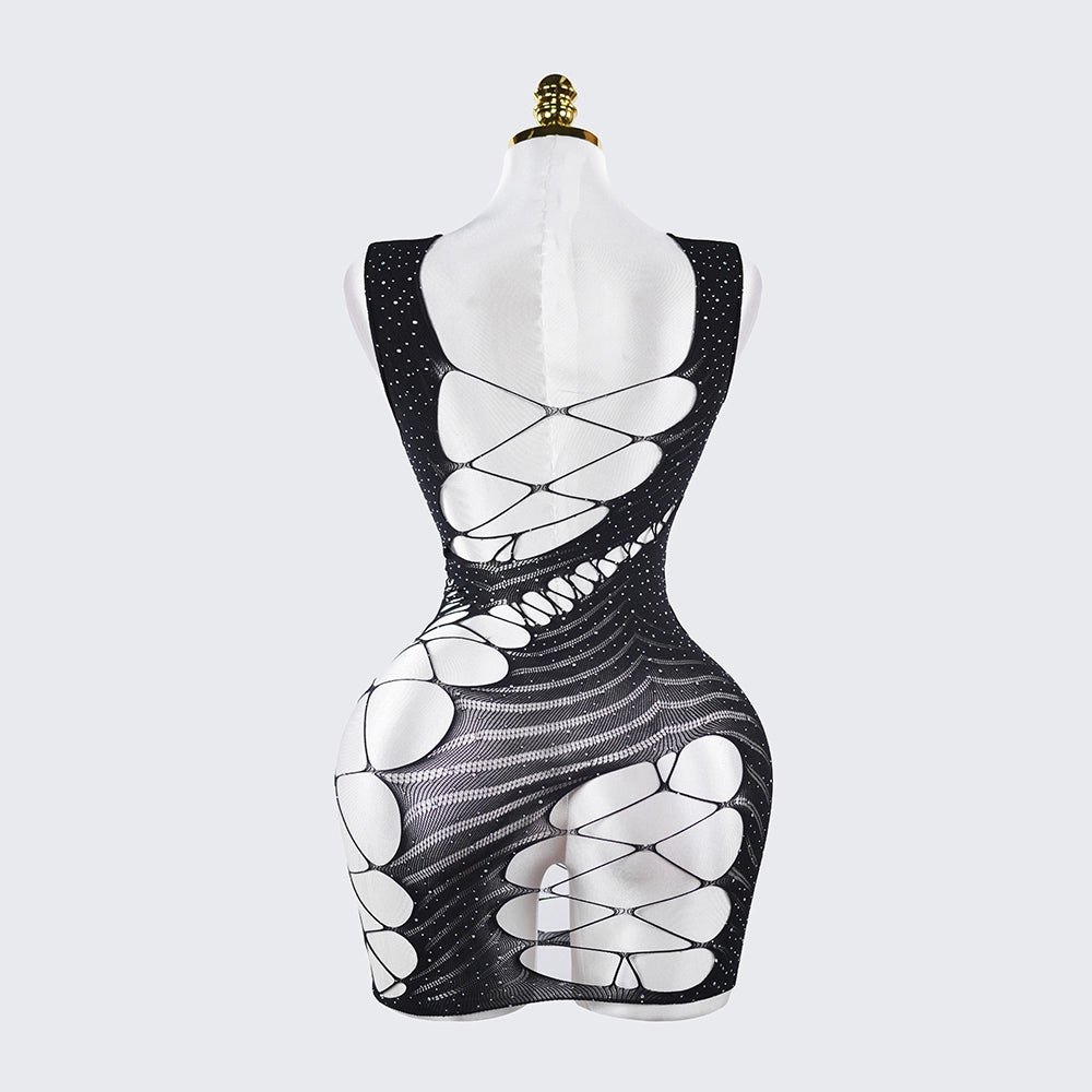 Fishnet Cutout Rhinestone Spaghetti Strap Backless Chemise